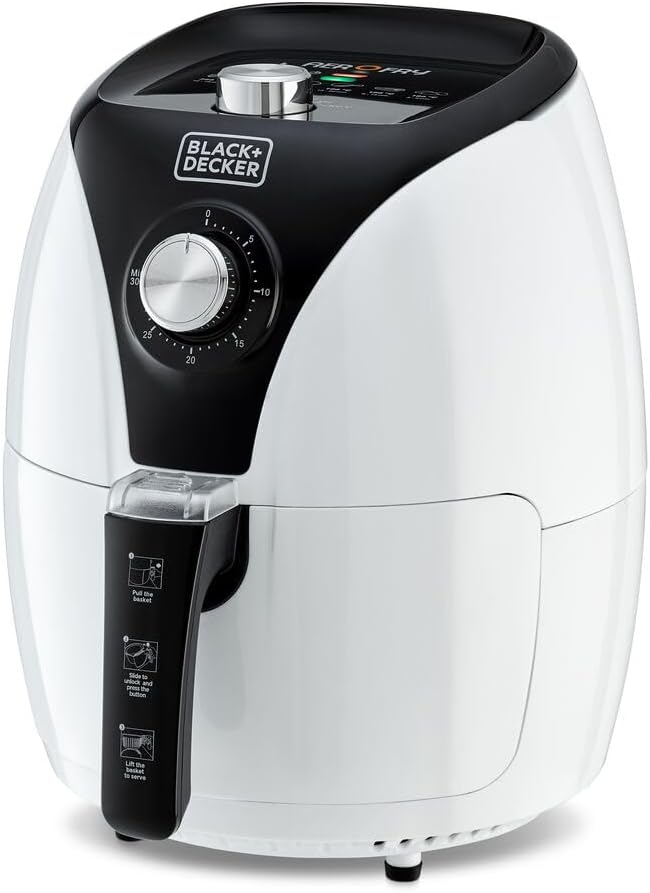 Black+Decker 2.5L 1500W Manual Aerofry Air Fryer With Rapid Air Convection Technology, White/Black