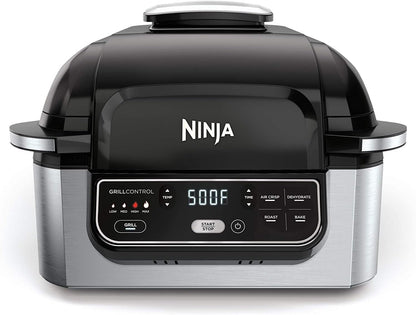 Ninja AG301 Foodi 5-in-1 Indoor Grill with Air Fry, Roast, Bake & Dehydrate, Black/Silver, 4-Quart Crisper Basket & 6-Quart Cooking Pot