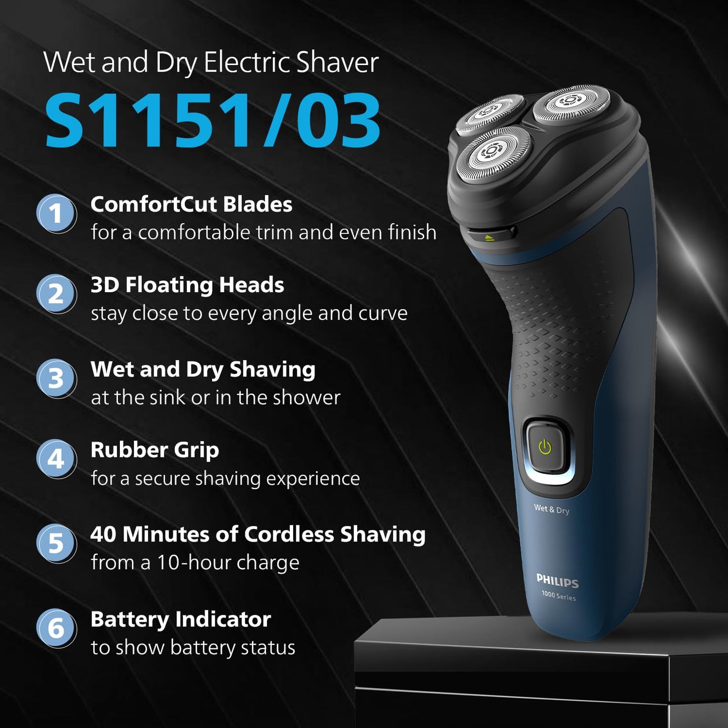 Philips Electric Shaver for Men, Wet and Dry Shave, 3D Floating Heads, 27 Self Sharpening Blades, Cordless, Waterproof