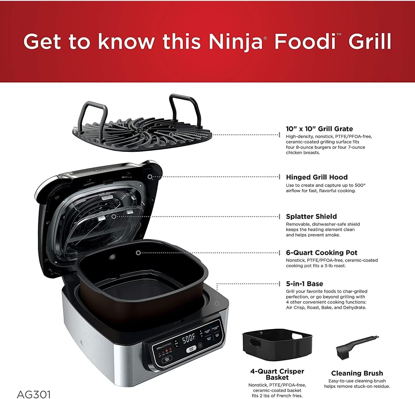 Ninja AG301 Foodi 5-in-1 Indoor Grill with Air Fry, Roast, Bake & Dehydrate, Black/Silver, 4-Quart Crisper Basket & 6-Quart Cooking Pot