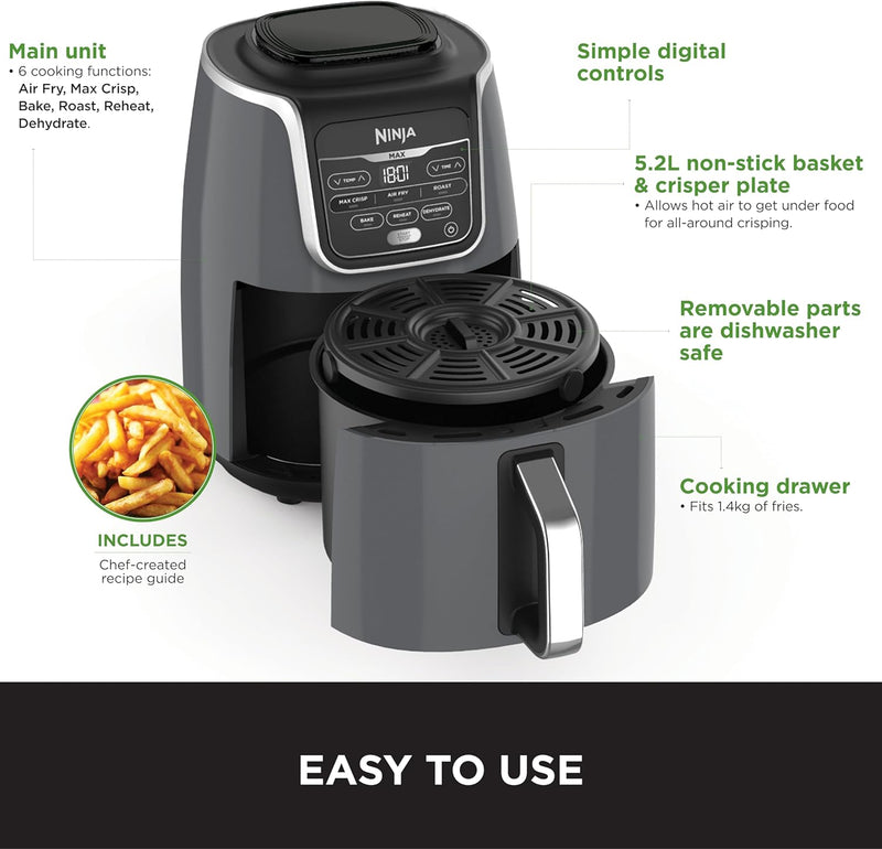 Ninja Air Fryer Max Xl , Max Crisp, Air Roast, Bake, Reheat, Dehydrate, 5.2 Liters, 1750 Watts, Grey and Black