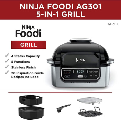 Ninja AG301 Foodi 5-in-1 Indoor Grill with Air Fry, Roast, Bake & Dehydrate, Black/Silver, 4-Quart Crisper Basket & 6-Quart Cooking Pot