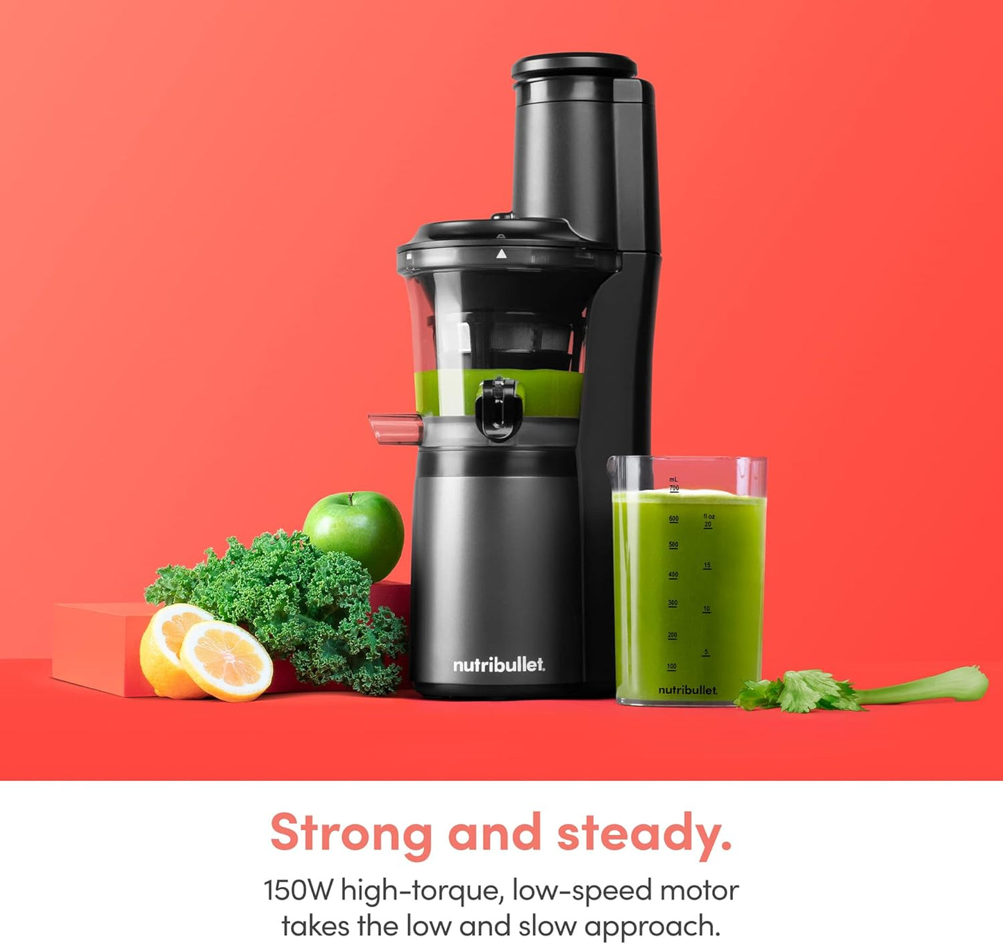 Nutribullet Slow Juicer, Slow Masticating Juicer Machine, Easy to Clean, Quiet Motor & Reverse Function, BPA-Free, Cold Press Juicer with Brush, 150 Watts, Charcoal Black,