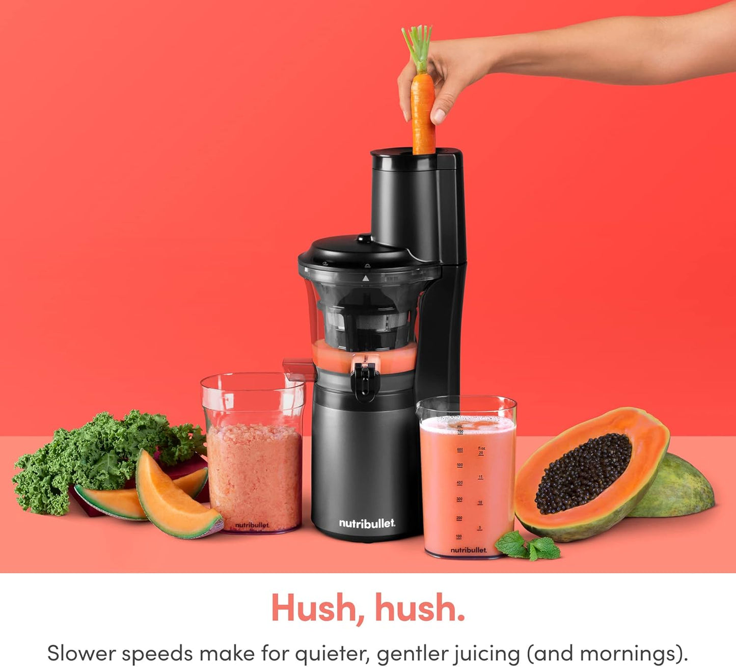 Nutribullet Slow Juicer, Slow Masticating Juicer Machine, Easy to Clean, Quiet Motor & Reverse Function, BPA-Free, Cold Press Juicer with Brush, 150 Watts, Charcoal Black,