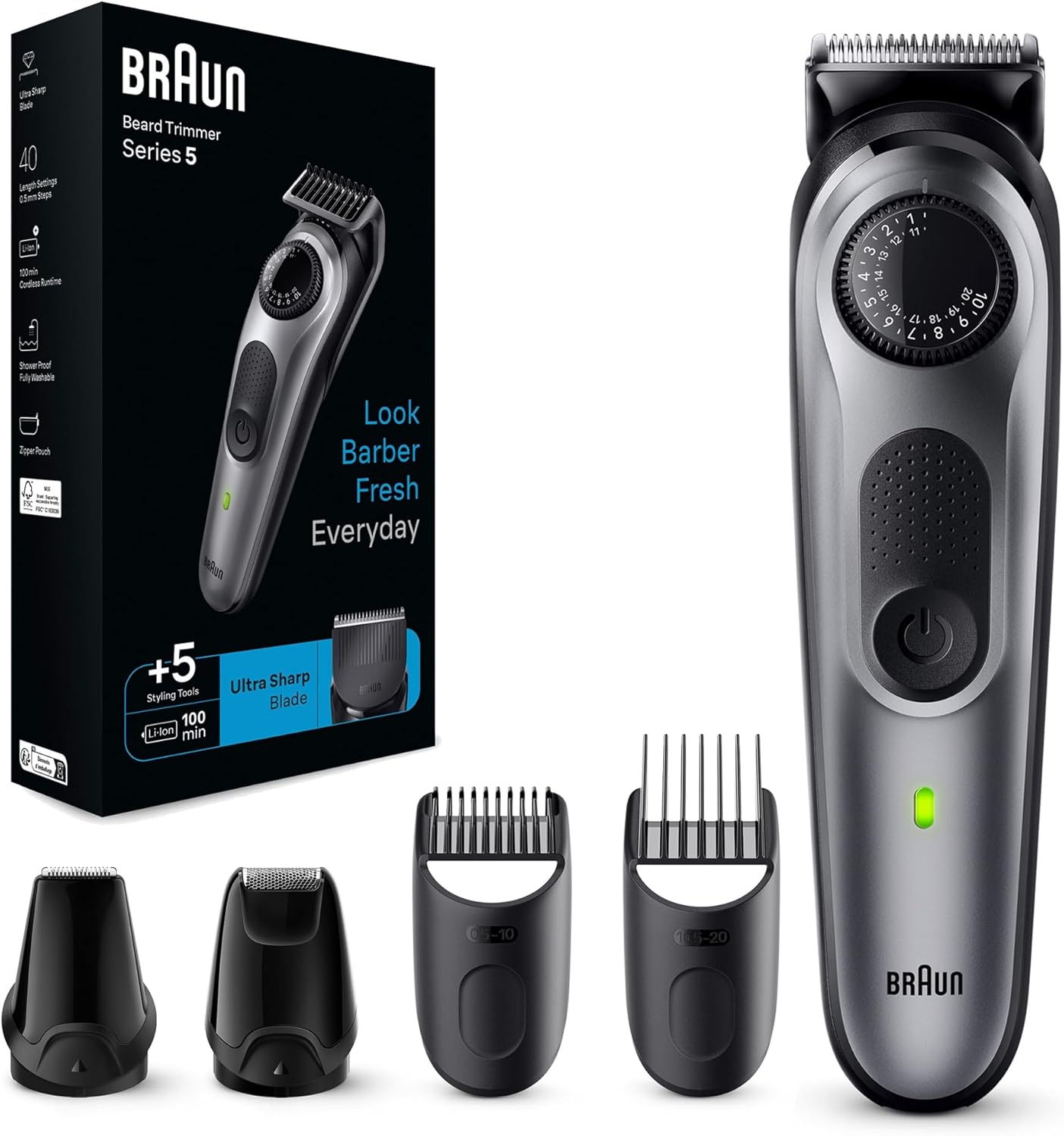 Braun Waterproof Beard Trimmer 5 BT5440 With Precision Wheel, 5 Styling Tools