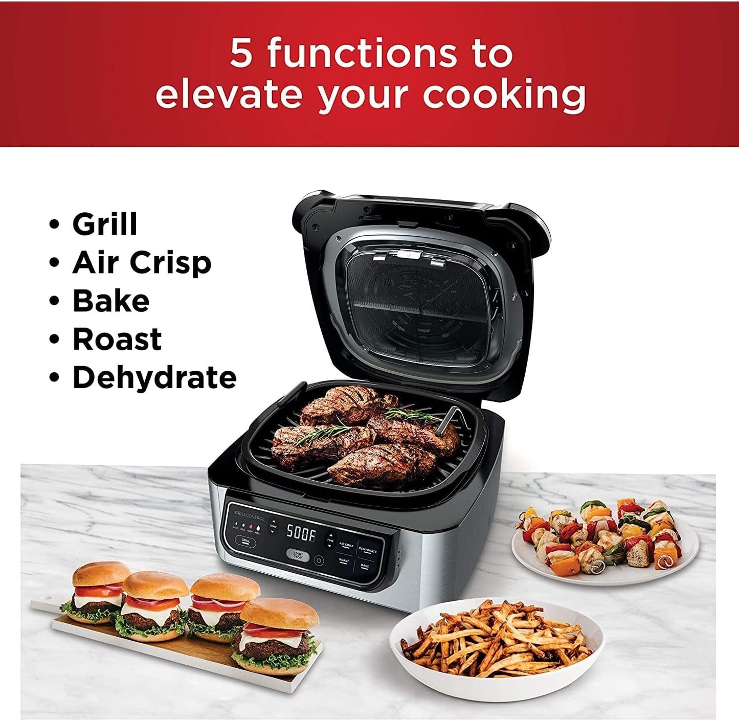 Ninja AG301 Foodi 5-in-1 Indoor Grill with Air Fry, Roast, Bake & Dehydrate, Black/Silver, 4-Quart Crisper Basket & 6-Quart Cooking Pot