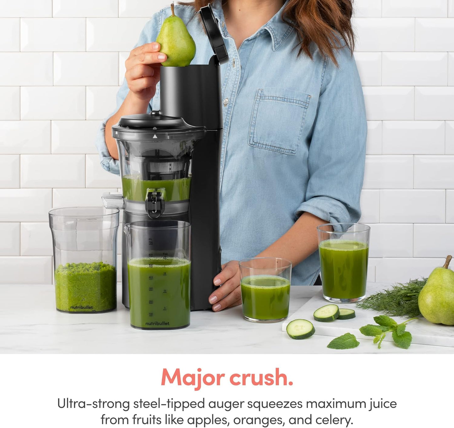 Nutribullet Slow Juicer, Slow Masticating Juicer Machine, Easy to Clean, Quiet Motor & Reverse Function, BPA-Free, Cold Press Juicer with Brush, 150 Watts, Charcoal Black,